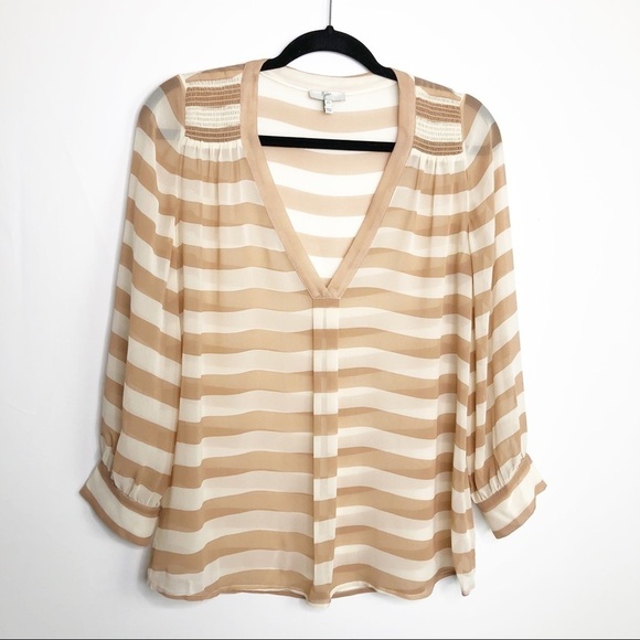 JOIE Aceline Tan/Cream silk striped v neck sheer blouse - Picture 9 of 9